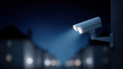 Security surveillance camera illuminated at night monitoring outdoor area with blurred background lights