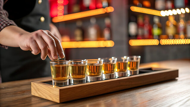 Bartender pouring whiskey into flight sampler glasses on wooden tray at dimly lit bar