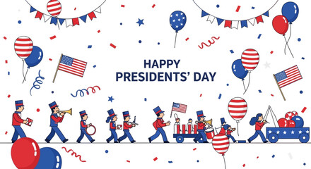 Obraz premium Illustration of a patriotic Presidents' Day celebration with a marching band, balloons, and American flags on a red, white, and blue background, conveying a festive and national pride USA