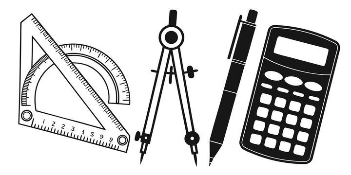 Assorted tools including a ruler, compass, protractor, pencil, and calculator Vector