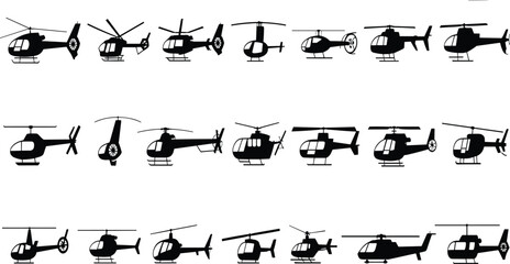 Helicopter silhouettes collection, military and civilian chopper icons, side view aircraft vector illustration isolated black set © Amena