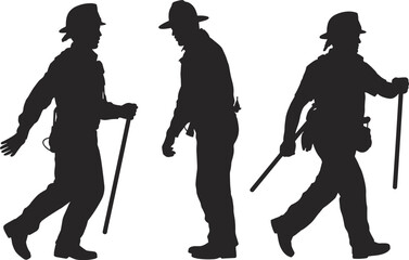 Hiker silhouette collection, trekking man with walking stick isolated on white background outdoor adventure vector illustration set