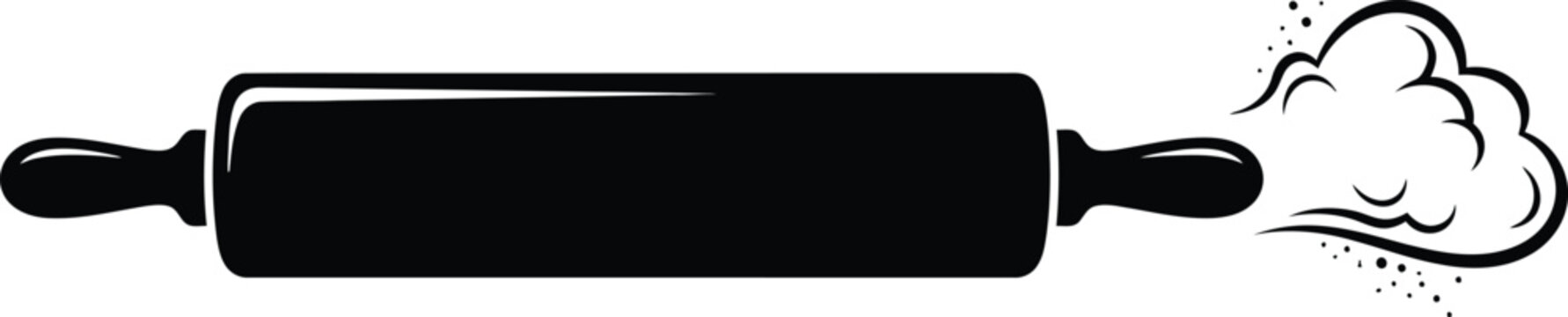 Simple black silhouette of a kitchen rolling pin with a cloud of flour.