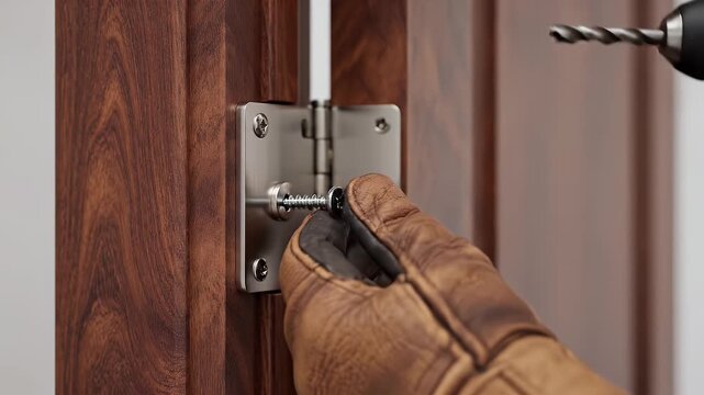 Close-up of a gloved hand using a power drill to attach a metal hinge to a wooden door frame with precise drilling action and clear focus on the