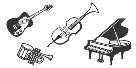A collection of musical instruments including a guitar, violin, trumpet, and piano. Vector © nalu