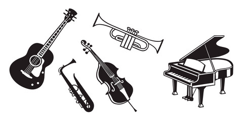 A collection of musical instruments including a guitar, trumpet, saxophone, and piano. Vector © nalu
