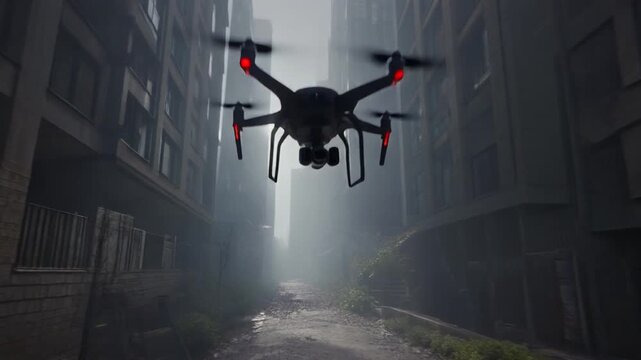 Drone flying through a misty, abandoned urban environment, capturing a sense of desolation and advanced technology.