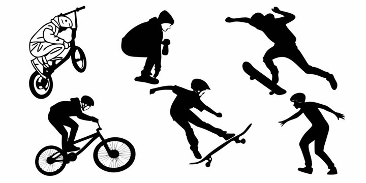 A variety of extreme sports silhouettes including skateboarding, biking, and skiing Vector