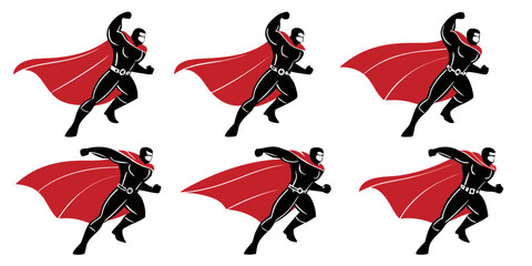 Six superhero figures in a row, each with a red cape and black outfit. Vector © nalu