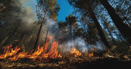 The Forest Fire Raging Through Pine Woods with Intense Flames and Thick Smoke
