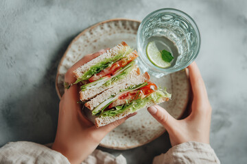 Woman's Hands Holding Sandwich With Water Glass Top View