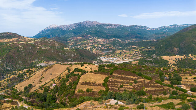 Aerial view of the rugged Supramonte mountains near Orgosolo in the heart of Barbagia, Sardinia, Italy