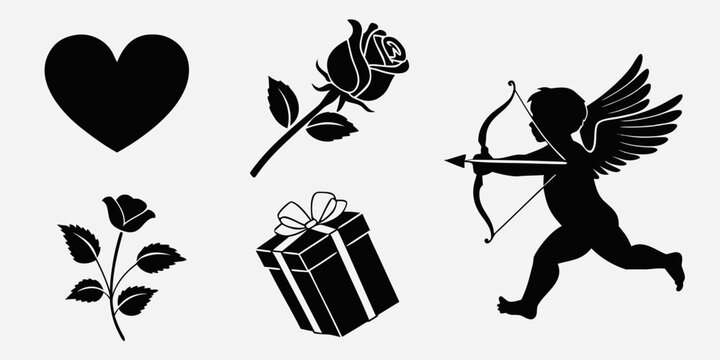 Romantic symbols including heart, rose, gift, and cupid with bow and arrow Vector
