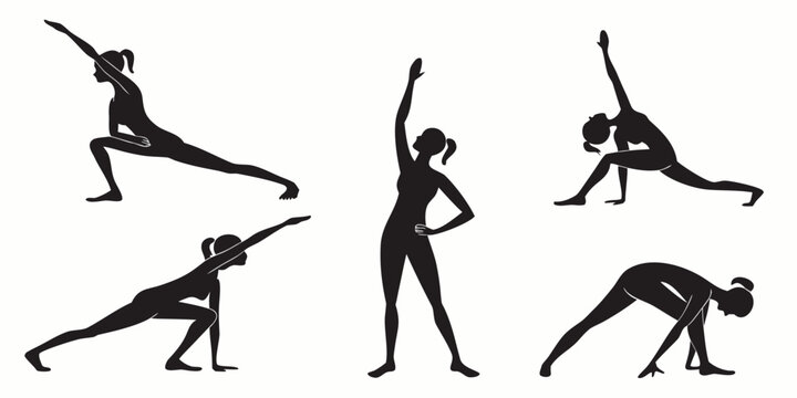 A series of six black and white silhouettes demonstrating various yoga poses. Vector