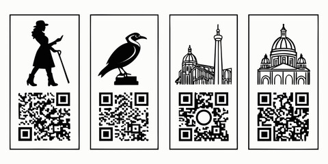 Fototapeta premium Black and white icons of various activities and landmarks with qr codes Vector