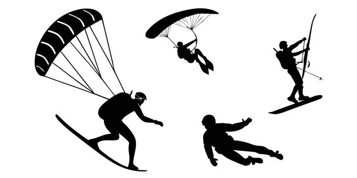 Extreme sports enthusiasts showcasing their skills in the sky and on the slopes. Vector