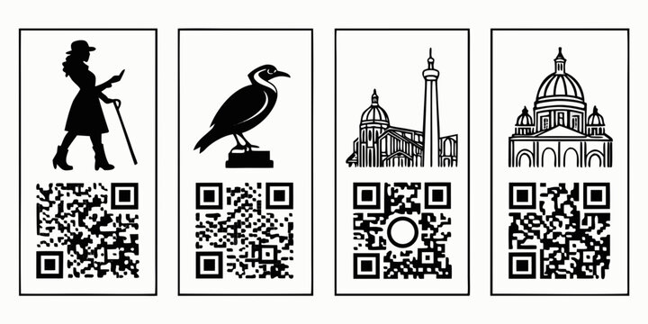Black and white icons of various activities and landmarks with qr codes Vector