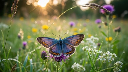 Beautiful Butterfly Resting on a Wildflower in a Meadow at Sunrise.