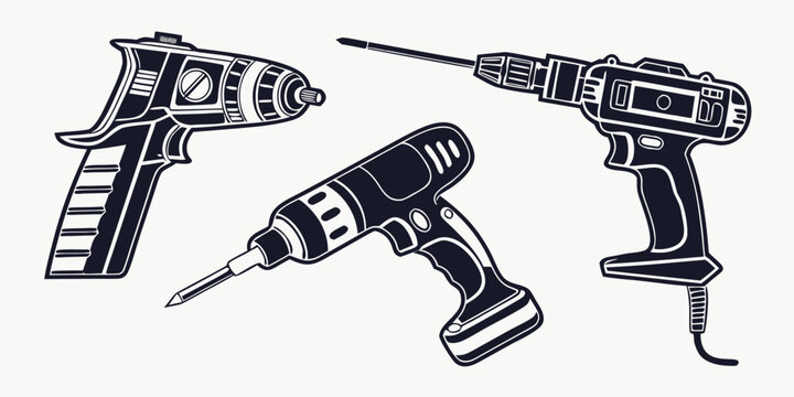 A variety of power tools including drills and screwdrivers in black and white. Vector