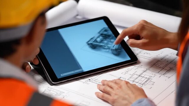 Engineers collaborate on a digital blueprint using a tablet, reviewing a 3D model