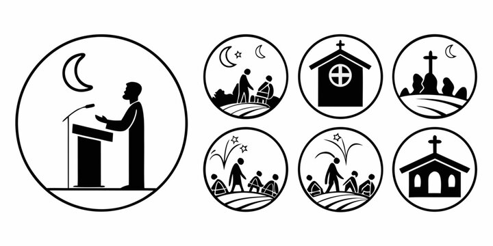 Illustration of a person preaching with various symbols representing different aspects of religion Vector