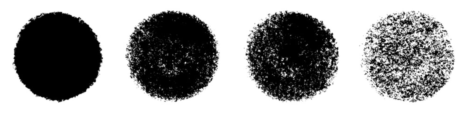 Set of four black grainy circle textures on white. Rough ink stamp spots with speckled noise, fade and vignette effects. Ideal overlay for posters, packaging, and backgrounds with print distress look.