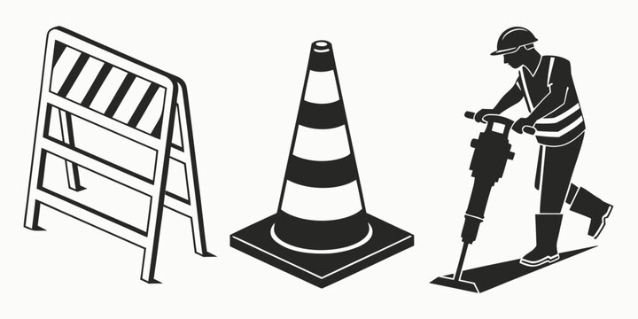 Construction worker repairing a road barrier with a traffic cone nearby. Vector