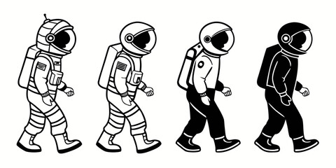 Illustration of four figures in different stages of transformation from astronauts to everyday people Vector © nalu