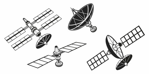 A collection of various satellites orbiting in outer space. Vector © nalu