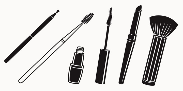 An assortment of makeup brushes and tools laid out on a white background Vector