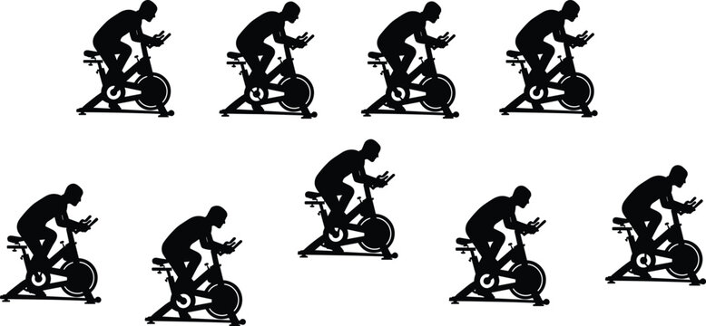 Indoor cycling silhouette set with spinning bike riders, fitness training concept, cardio workout exercise, gym sport activity, healthy lifestyle and endurance motivation