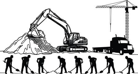 Construction Site Silhouette with Excavator Crane Truck and Workers Digging Vector Illustration Isolated on Light Background © Moslama