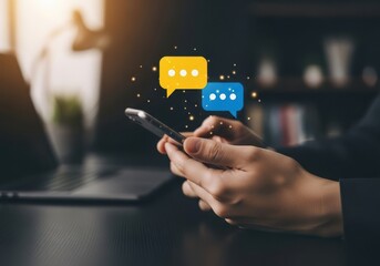 Hands holding a smartphone with chat bubbles appearing symbolizing digital communication and messaging