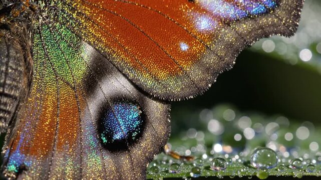 Macro shot of butterfly wing with iridescent scales and dewdrops
