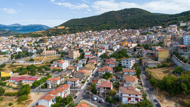 Aerial view of the historic village of Orgosolo nestled in the Supramonte mountains in the heart of Barbagia, Sardinia, Italy
