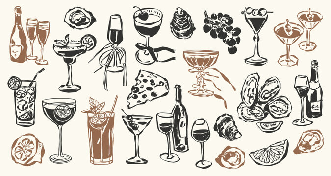 Whimsical sketch style cocktail and drinks vector illustration set. Art for postcards, greeting cards, menu, logo design, background.	