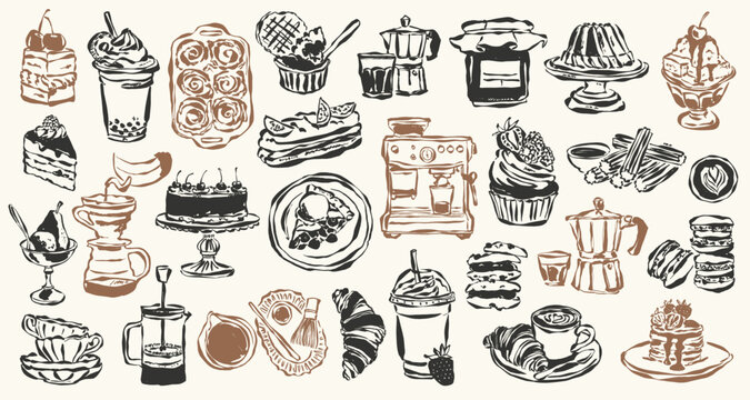 Ink drawing coffee and desserts illustration set. Doodles for menu, restaurant or cafe branding, postcards, greeting cards.	