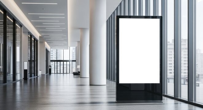 Blank vertical digital signage mockup standing in a modern, spacious corporate lobby or airport hallway, featuring large floor-to-ceiling windows, minimalist design, and bright lighting.