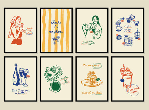 Whimsical hand drawn food and beverage vector illustration set. La Dolce Vita doodles. Art for postcards, branding, logo design, background.