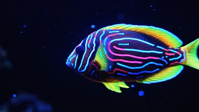 Exotic fluorescent fish with vivid patterns in dark water