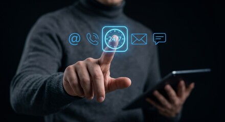 Customer service manager activating a 24/7 support interface to guarantee continuous client assistance, manage global communication channels, insights for superior user experience and brand loyalty.