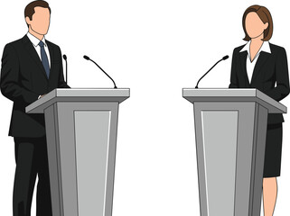 Business debate concept illustration, male and female speakers at podium, political discussion conference presentation isolated on white background