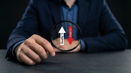 Businessman analyzing the balance between rising quality and falling costs to optimize value, improve operational efficiency, minimize financial waste, insights for maximum business profitability.