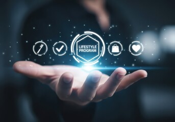 Hand holding glowing digital icons representing online learning and business success metrics