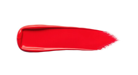 Macro, glossy, vibrant red paint stroke with visible brush bristles and tapered ends, isolated on transparent background with extensive copy space, concept for high-end cosmetics advertising