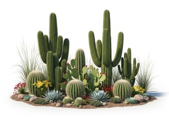 A vibrant desert landscape featuring a variety of tall saguaro and barrel cacti surrounded by smaller succulents and desert flora