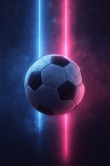 Naklejka premium Neon Soccer Ball: A dynamic image of a soccer ball illuminated by vibrant neon lights, symbolizing energy, passion, and the spirit of the sport.