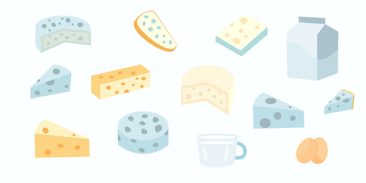 Flat vector dairy and cheese products isolated on white background. Syut, tereyagy, yumurta, crema, yogurt, suzme peynir, parmesan, chedar, mavi peynir, peynir kyupleri, sut erzuleni gemma