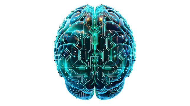 Futuristic concept of human brain with glowing neon circuitry for technology design