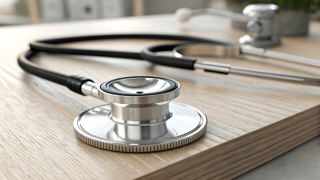 Stethoscope on wooden desk with medical equipment in soft focus background for healthcare and wellness concept